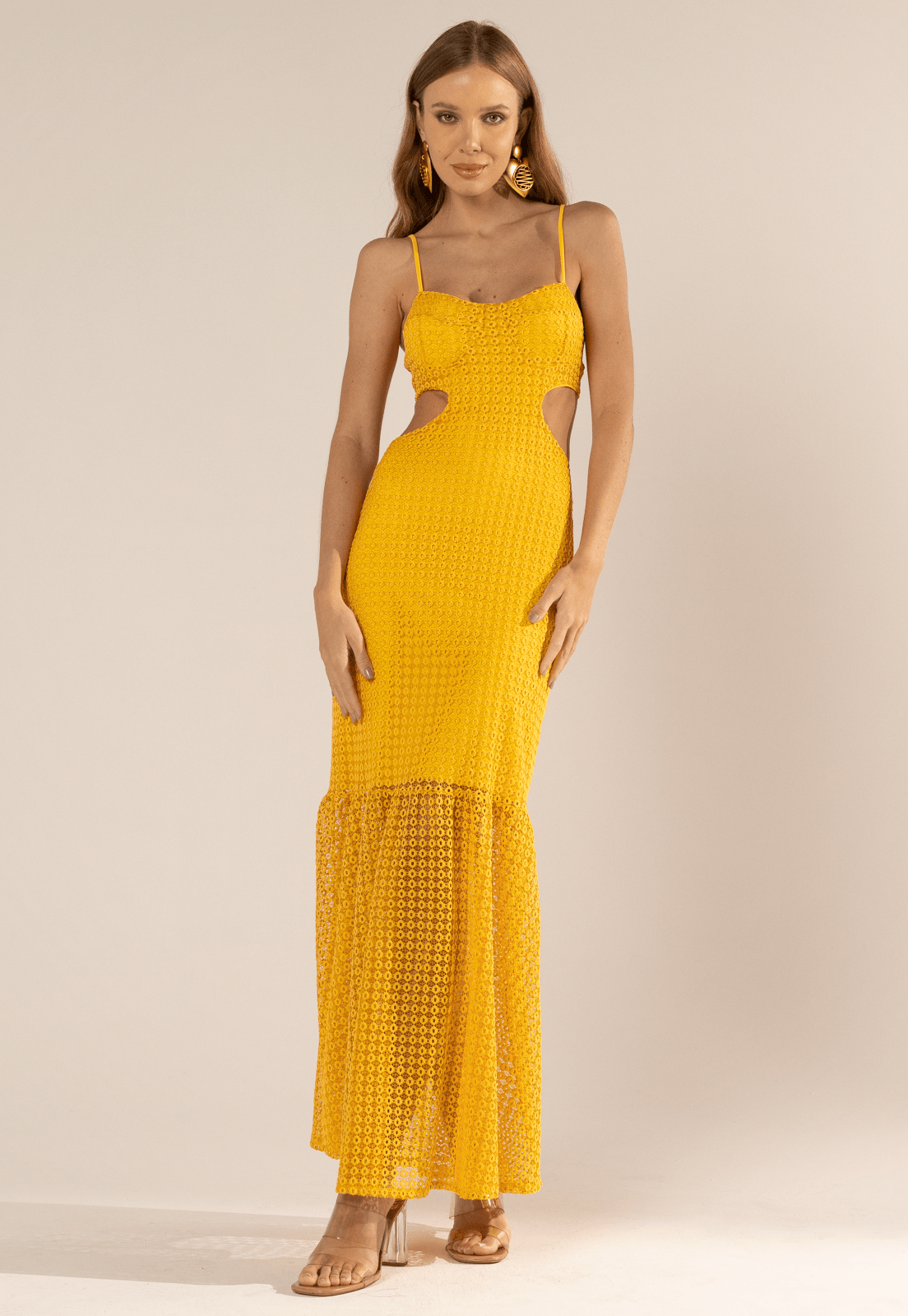 Vestido de 2024 renda longo amarelo